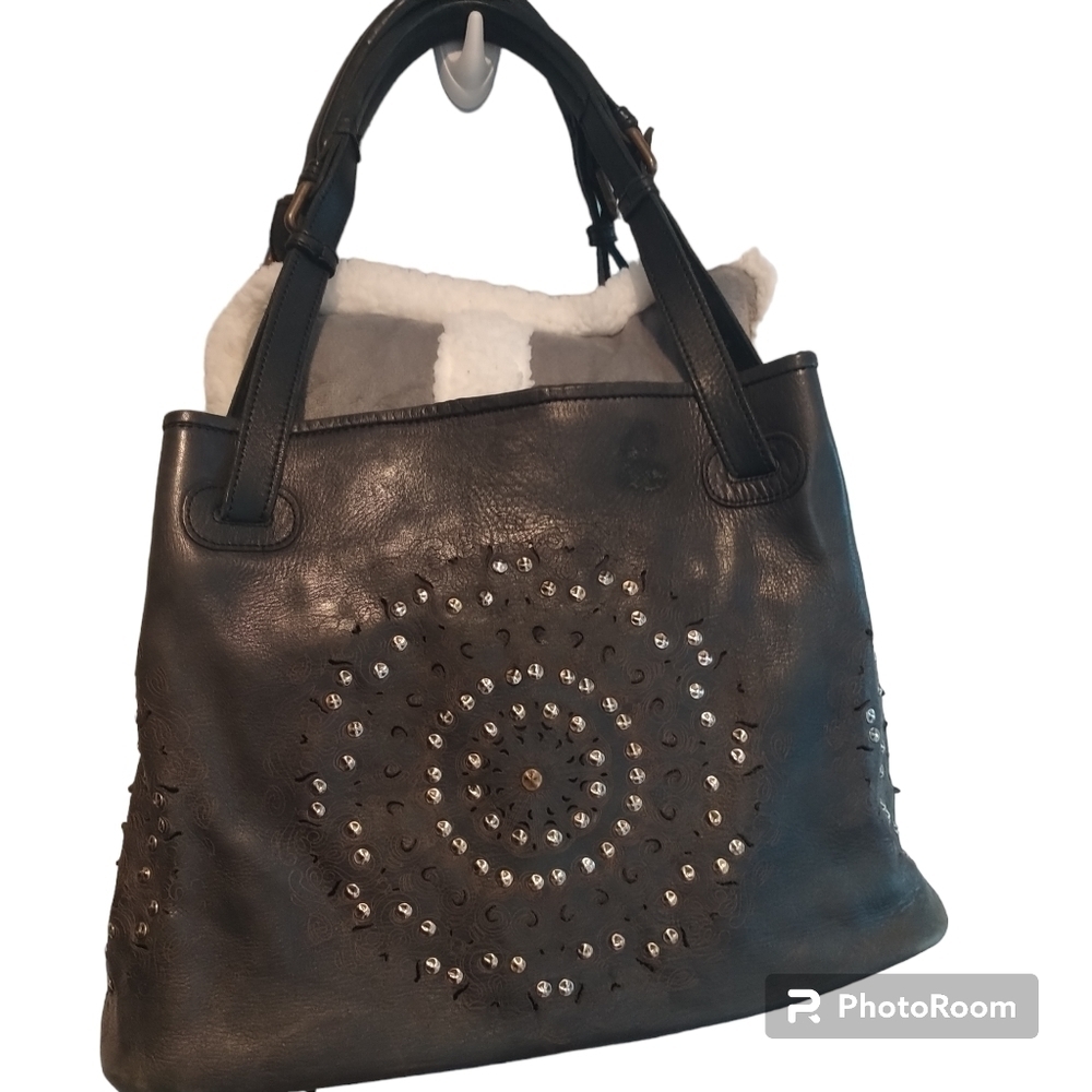 Platania Studded Lazer Cut Black Italian Leather Satchel with Swirl Design